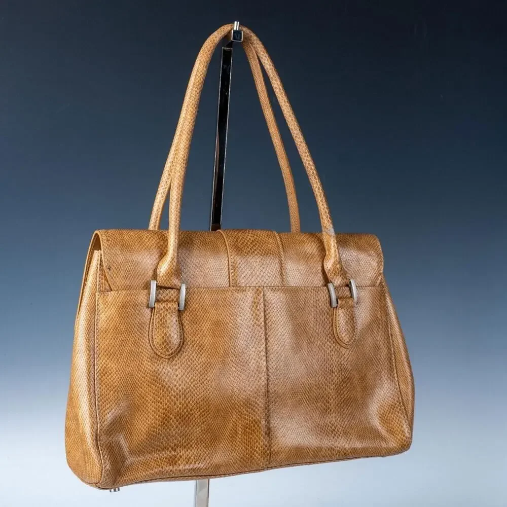 CHARLIE LAPSON Tan Leather Snake Satchel Handbag Purse